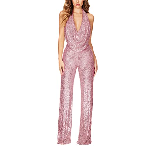 seiveini Jumpsuit Damen Elegant Overall mit Pailletten V-Ausschnitt Playsuit Clubsuit Sexy Hosenanzug Einfarbig Onesie Hohe Taille Ganzkörperanzug E Rosa L von seiveini