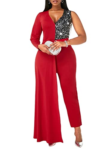 seiveini Jumpsuit Damen Enge Kleidung Abendkleidung Langarm Elegant Pailletten Overall V-Ausschnitt Party Kostüm Skinny Hosenanzug Leistungskleidung A Rot M von seiveini