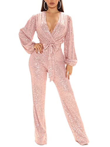 seiveini Jumpsuit Damen Enge Kleidung Abendkleidung Langarm Elegant Pailletten Overall V-Ausschnitt Party Kostüm Skinny Hosenanzug Leistungskleidung Rosa M von seiveini