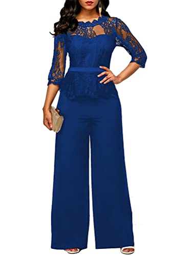 seiveini Jumpsuit Damen Spitzen Overall Elegant Hose Lang Jumpsuit Langarm Playsuit Hosenanzug Abendkleidung Enge Slim Fit Catsuit Party Kleidung Clubsuit Anzug Vintage Blau M von seiveini