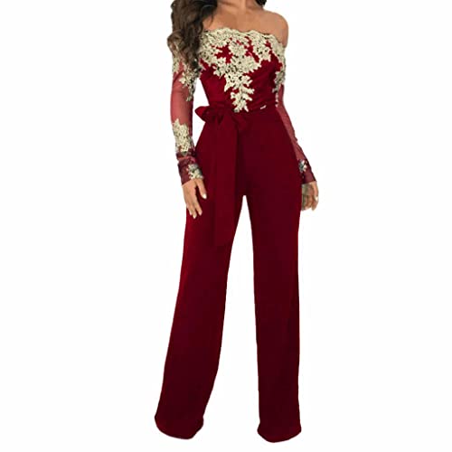 seiveini Jumpsuit Damen Spitzen Overall Elegant Hose Lang Jumpsuit Langarm Playsuit Hosenanzug Abendkleidung Enge Slim Fit Catsuit Party Kleidung Clubsuit Anzug Vintage D Rot S von seiveini