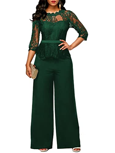 seiveini Jumpsuit Damen Spitzen Overall Elegant Hose Lang Jumpsuit Langarm Playsuit Hosenanzug Abendkleidung Enge Slim Fit Catsuit Party Kleidung Clubsuit Anzug Vintage Grün S von seiveini