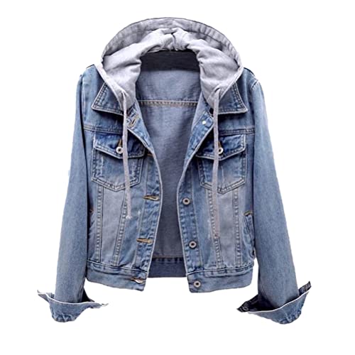 seiveini Kapuzenjacke Damen Kurz Übergangsjacke Jacke Denim Casual Lose Denim Jacken Herbst und Winter Jeans Jacket Langarm Vintage A Blau M von seiveini