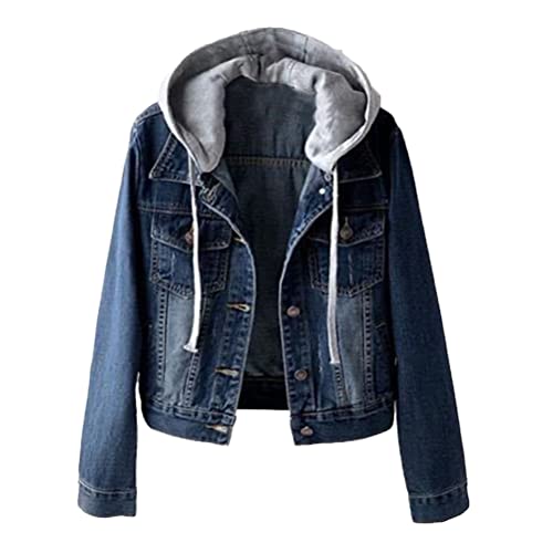 seiveini Kapuzenjacke Damen Kurz Übergangsjacke Jacke Denim Casual Lose Denim Jacken Herbst und Winter Jeans Jacket Langarm Vintage A Dunkelblau XL von seiveini