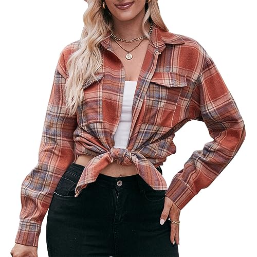 seiveini Kariertes Hemd Damen Karrierte Bluse Langarm Oversized Karo Hemden Button-down Hemdbluse Oktoberfest Holzfällerjacke Urban Style Freizeithemd Frauen Vintage A Orange L von seiveini