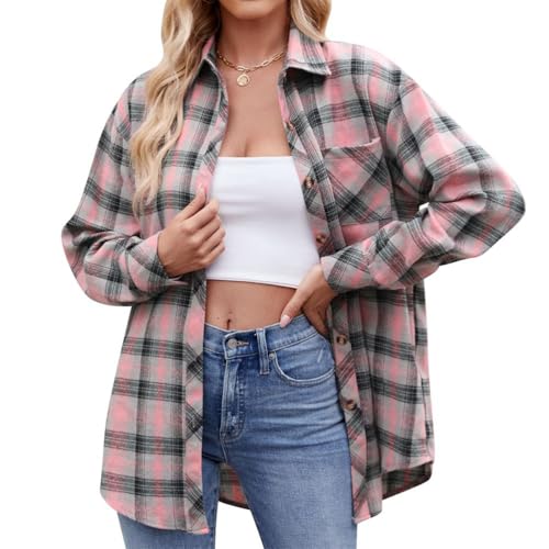 seiveini Kariertes Hemd Damen Karrierte Bluse Langarm Oversized Karo Hemden Button-down Hemdbluse Oktoberfest Holzfällerjacke Urban Style Freizeithemd Frauen Vintage B Rosa XL von seiveini
