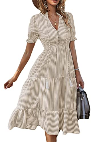 seiveini Kleid Damen Casual Sommerkleid mit Rüschen Kurzarm V-Ausschnitt Freizeitkleid Boho Strandkleid Lang Blusenkleider mit Streifen Partykleider Urlaubkleid A Khaki M von seiveini