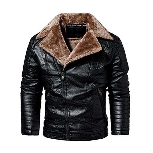 seiveini Lederjacke Herren Winter Warm Ledermantel Gefüttert Wärme Zip Up Übergangsjacke mit Pelzkragen Männer Leder Trenchcoats Kurz Cardigan Casual Outwear A Schwarz XL von seiveini