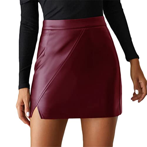 seiveini Lederrock Damen Rock mit Schlitz Faltenrock High Waist Leder Rock PU Minirock Lederoptik Bleistiftrock Elegant Mini Rock Bodycon Partyrock Clubrock A Weinrot M von seiveini