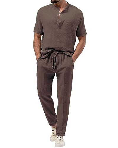 seiveini Leinenanzug Herren Sommer Zweiteiler aus Baumwolle Leinen Outfits Hausanzug Casual Strand Sport B Braun XL von seiveini