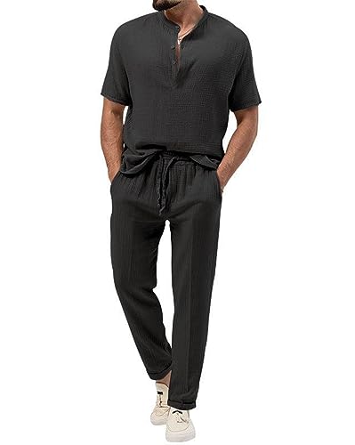 seiveini Leinenanzug Herren Sommer Zweiteiler aus Baumwolle Leinen Outfits Hausanzug Casual Strand Sport B Schwarz XL von seiveini