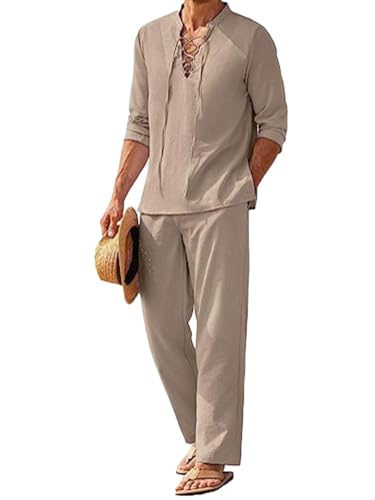 seiveini 2-Teiliges Herren Sommer Leinen Freizeitanzug Leinenhemd und Leinenhose Strand Anzug Männer Pyjama Set C Khaki XXL von seiveini