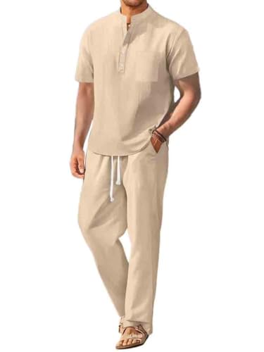 seiveini Leinenanzug Herren Kurzarm Leinenhemd und Leinenhosen Lang 2-Teiliges Sommer Leinen Freizeitanzüge Leicht und Atmungsaktiv Strandanzug Männer Pyjamas Set Locker A Aprikose L von seiveini