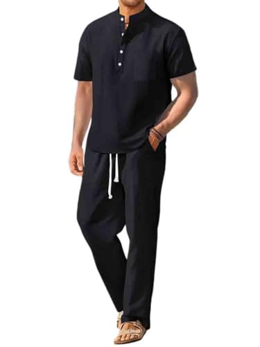 seiveini Leinenanzug Herren Kurzarm Leinenhemd und Leinenhosen Lang 2-Teiliges Sommer Leinen Freizeitanzüge Leicht und Atmungsaktiv Strandanzug Männer Pyjamas Set Locker A Schwarz L von seiveini