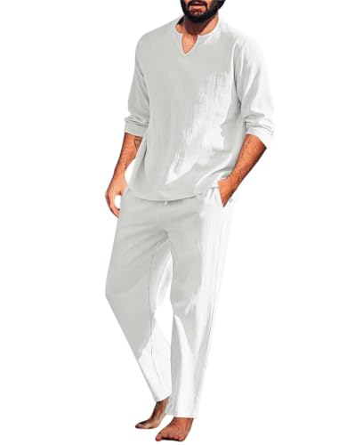 seiveini Freizeitanzug Herren Leinenanzug Sommer 2-Teiliges Hemd und Hosen Baumwolle Leinen Anzug Tracksuit A Weiß L von seiveini