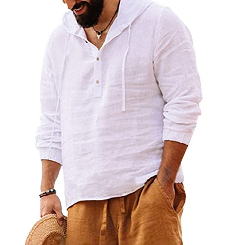 seiveini Leinenhemd Herren Hemd Leinen Shirt Henley mit Kapuze Freizeithemd Langarm Regular Fit Sommerhemd Männer Leinen Hemd T-Shirt Casual Leichte Bequem A Weiß XL von seiveini