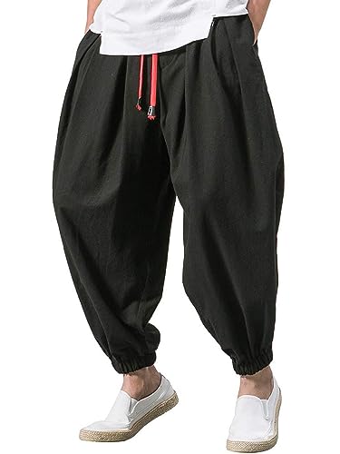 seiveini Leinenhose Herren Lang Leicht Sommerhose Loose Fit Freizeithose Strandhose Urlaubhose Bequem Leinen Hosen Einfarbig Yogahose Jogginghose für Herren Hose Casual A Schwarz M von seiveini