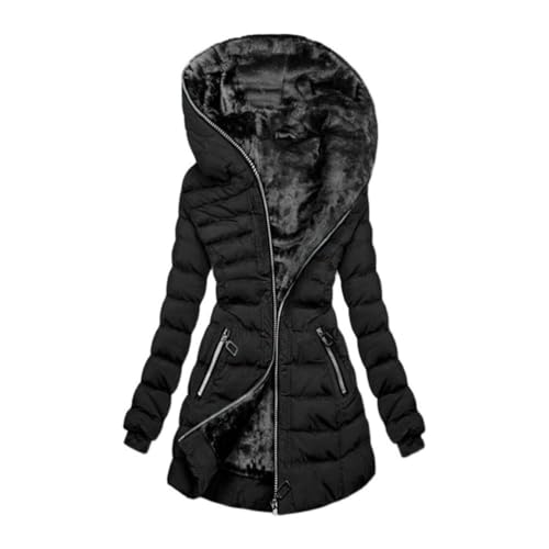 seiveini Mantel Damen Winter Warm Gefüttert Fleece Parka Jacke mit Fellkapuze Winterjacke mit Pelzkapuze Dicke Outwear Große Größen Wintermantel Langer Steppmantel B Schwarz XXL von seiveini