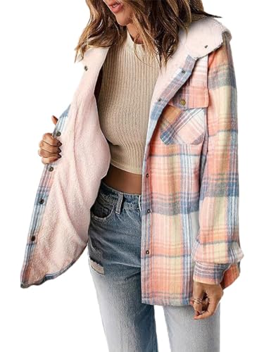 seiveini Mantel Kariertes Damen Winter Plüsch Gefüttert Thermo Karojacke Langarm Warm Plaid Kapuzenjacke Casual Winterjacke mit Knopfleiste Chic Klassischer Kariertes Blusen Elegant A Rosa XS von seiveini