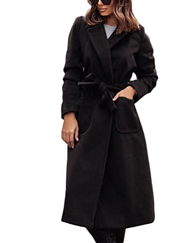 seiveini Mantel Langer Damen Retro Jacke Trenchcoat Dick Winterjacke Mittellange Langarm V-Ausschnitt Fit Cabanjacke Elegant Mantel für Herbst Winter C Schwarz M von seiveini