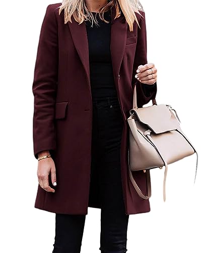 seiveini Mantel Langer Damen Retro Jacke Trenchcoat Dick Winterjacke Mittellange Langarm V-Ausschnitt Fit Cabanjacke Elegant Mantel für Herbst Winter D Weinrot L von seiveini