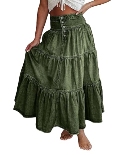 seiveini Maxi Jeansrock Damen Y2k Rock Denim Lang Boho Röcke für Damen Mädchen Vintage Jeans-Rock A-Line Tiered Volant Partyrock A Grün L von seiveini