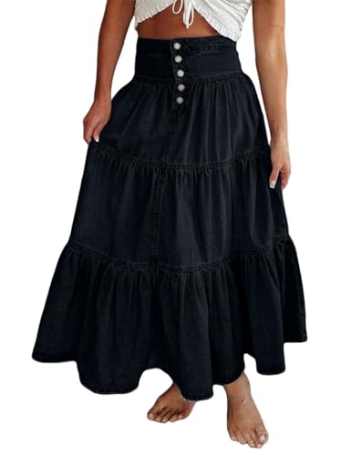 seiveini Maxi Jeansrock Damen Y2k Rock Denim Lang Boho Röcke für Damen Mädchen Vintage Jeans-Rock A-Line Tiered Volant Partyrock A Schwarz L von seiveini