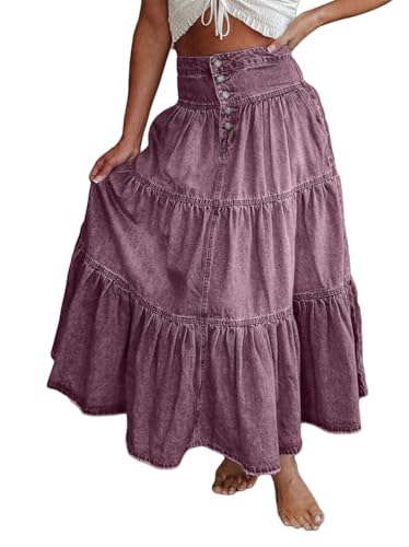 seiveini Maxi Jeansrock Damen Y2k Rock Denim Lang Boho Röcke für Damen Mädchen Vintage Jeans-Rock A-Line Tiered Volant Partyrock A Violett L von seiveini
