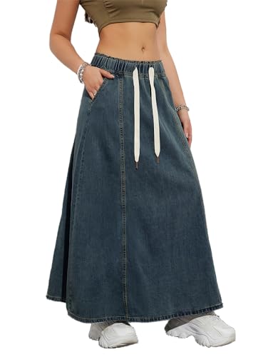 seiveini Rock Damen Lang Denim Röcke A-Line Elegant Jeansrock Taille Elastische mit Kordelzug Vintage Streetwear A Dunkelblau XXL von seiveini