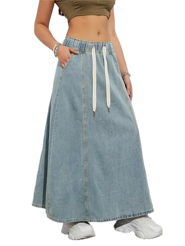 seiveini Rock Damen Lang Denim Röcke A-Line Elegant Jeansrock Taille Elastische mit Kordelzug Vintage Streetwear A Hellblau L von seiveini