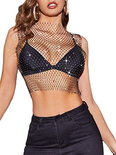 seiveini Mesh Unterwäsche Tank Top Damen Aushöhlen Elastisch Durchsichtig Strass Crop Tops Frauen Unterhemden & BH-Hemden Mesh Crop Top Glitzer B Schwarz S von seiveini