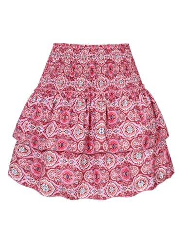 seiveini Blumenrock Damen Röcke Sommer Boho Rock mit Rüschen Kurz Plisseerock Hohe Taille Elastische Sommerrock A Linie Faltenrock Minirock B Rose Rot M von seiveini