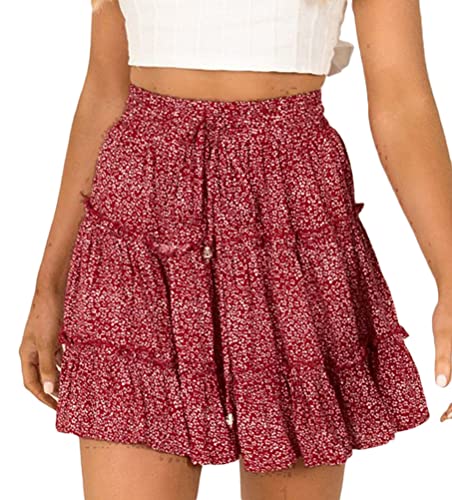 seiveini Minirock Damen Sommerrock Kurz Röcke Sommer Blumen Rock mit Rüschen Gedruckt Partyrock Hohe Taille Strand Rock A-Line Plissee Skater Rock Faltenrock Freizeitrock B Rot L von seiveini