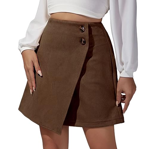 seiveini Minirock Damen Winterrock Kurz Elegant Mini Faltenrock A Linie Einfarbig Skater Rock mit Knopfdekoration Röcke High Waist Wickelrock Asymmetrisch G Braun S von seiveini