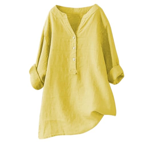 seiveini Musselin Bluse Damen Elegant Leinen Tshirt V-Ausschnitt Leinenbluse mit Knöpfen Sommer Hemdbluse Baumwolle Leinen Shirts Oversized Leinenhemd Große Größen A Gelb XL von seiveini