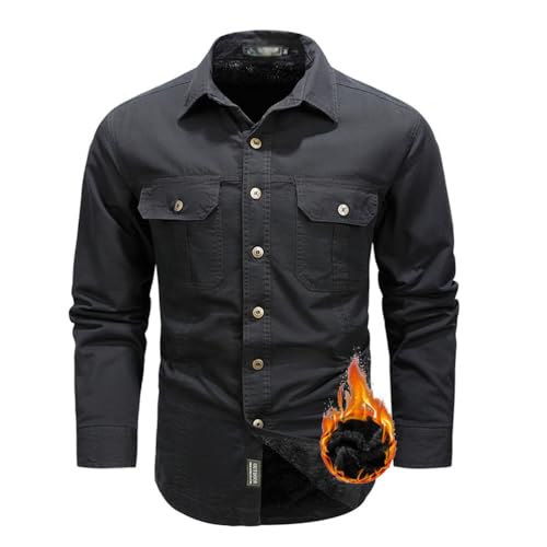 seiveini Outdoor Hemd Herren Langarm Cargo-Hemd Revers mit Knöpfen Tactical Hemd Herren Button Down Winterhemd Plüsch Gefütterte Warme Freizeithemd Funktionshemd für Wandern Trekking A Schwarz L von seiveini