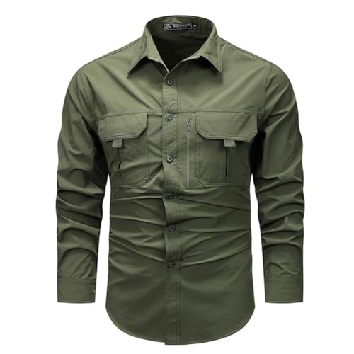 seiveini Outdoor Hemd Herren Langarm Safari Hemden Button Down Jagdhemd mit Knöpfen Tactical Shirt Freizeithemd für Wandern Trekking Angeln C Armeegrün 3XL von seiveini