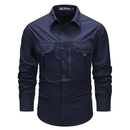 seiveini Outdoor Hemd Herren Langarm Safari Hemden Button Down Jagdhemd mit Knöpfen Tactical Shirt Freizeithemd für Wandern Trekking Angeln C Marine XXL von seiveini