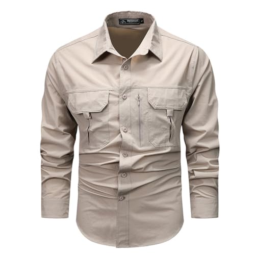 seiveini Hemd Herren Outdoor Langarm Tactical Shirt Vintage Sportshirt Wanderhemd Langarmhemd Atmungsaktiv Outdoorhemd mit Brusttasche und Knopfleiste C Beige XXL von seiveini