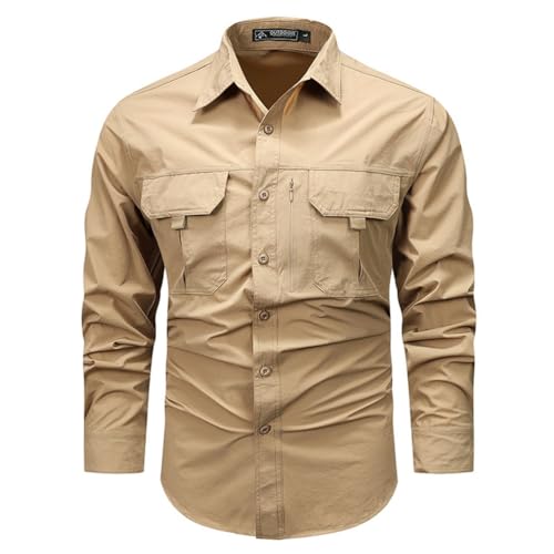 seiveini Hemd Herren Outdoor Langarm Tactical Shirt Vintage Sportshirt Wanderhemd Langarmhemd Atmungsaktiv Outdoorhemd mit Brusttasche und Knopfleiste C Khaki XL von seiveini