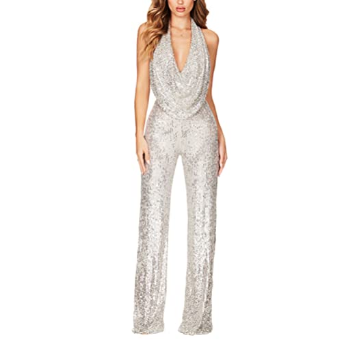 seiveini Overall Damen Elegant Jumpsuit Sexy Bodysuit mit Pailletten Schulterfreies Rückenfreies Playsuit Neckholder Butt Eng Einteiler Hohe Taille Club Kostüm E Silber XXL von seiveini