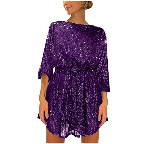 seiveini Glitzerkleid Damen Partykleider Elegante Langarm Paillettenkleid mit Gürtel Clubwear Kleider mit Pailletten Chic Mode Kurzkleid Kleid A-Line Vintage Abendkleider Kurz Chic A Violett XL von seiveini