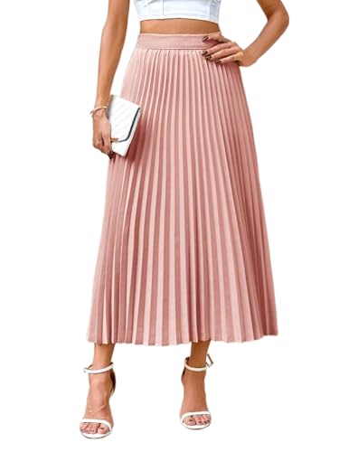 seiveini Plisseerock Damen Lang Elegent Röcke A-Linie Hohe Taille Rock Langer mit Elastischer Taille Lässige Business A Rosa Einheitsgröße von seiveini