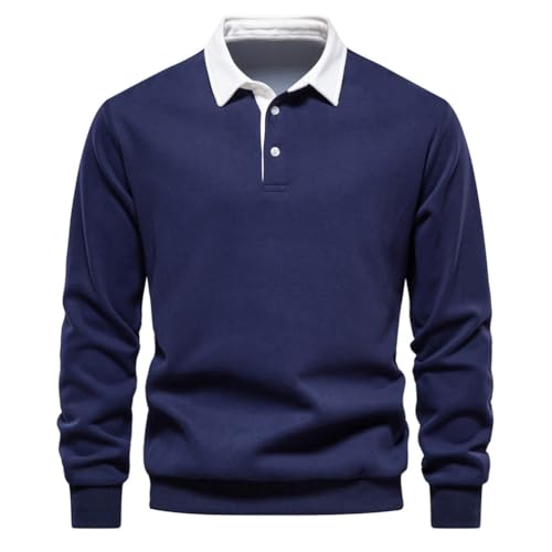 seiveini Poloshirt Herren Langarm Basic Casual Baumwolle Golf Tennis Poloshirts Revers mit Knopf Herren Kontrast Poloshirts Basic Langarm Polo Shirt Polohemd Arbeit Casual Tops A Marine XL von seiveini