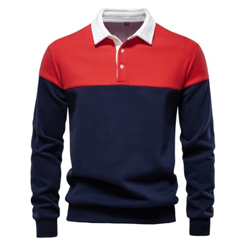 seiveini Poloshirt Herren Langarm Kontrastfarbe Langarmshirt Polo Klassisches Herbst Winter Hemd Herren Golf Casual Sports T-Shirt C Rot XL von seiveini