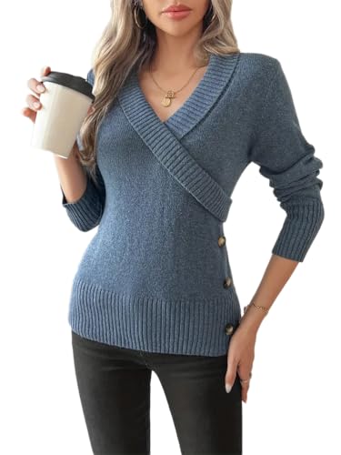 seiveini Pullover Damen Elegant V Ausschnitt Strickpullover Damen Herbst Winter Grobstrickpullover Slim Fit Strickpulli Damen Langarm Damenpullover Sweater A Blau M von seiveini