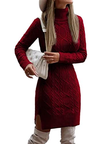 seiveini Pullover Damen Lang Kleid Winter Warm Langarm Strick Kleid Bodycon Strickpullover Elegant Pulli Warme Winter Minikleid Stretch Pullikleid Einfarbig B Weinrot XXL von seiveini