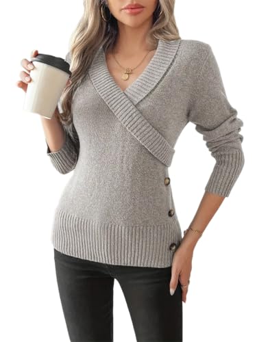 seiveini Pullover Damen V-Ausschnitt Strickpullover Damen Langarm Winterpullover Chic Elegant Lässige Pulli Basic Langarmshirt Damen Herbst Winter A Grau M von seiveini