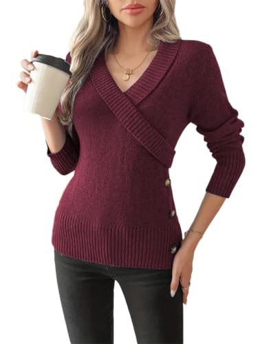 seiveini Pullover Damen V-Ausschnitt Strickpullover Damen Langarm Winterpullover Chic Elegant Lässige Pulli Basic Langarmshirt Damen Herbst Winter A Weinrot XS von seiveini