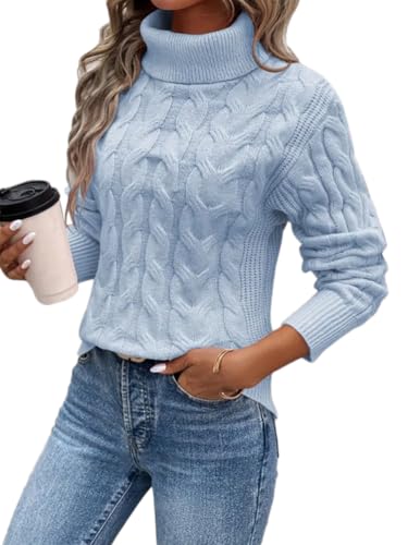 seiveini Pullover Damen Winter Rollkragenpullover Elegant Strickpullover Warm Winterpullover mit Zopfmuster Grobstrick Damenpullover Langarm A Blau M von seiveini